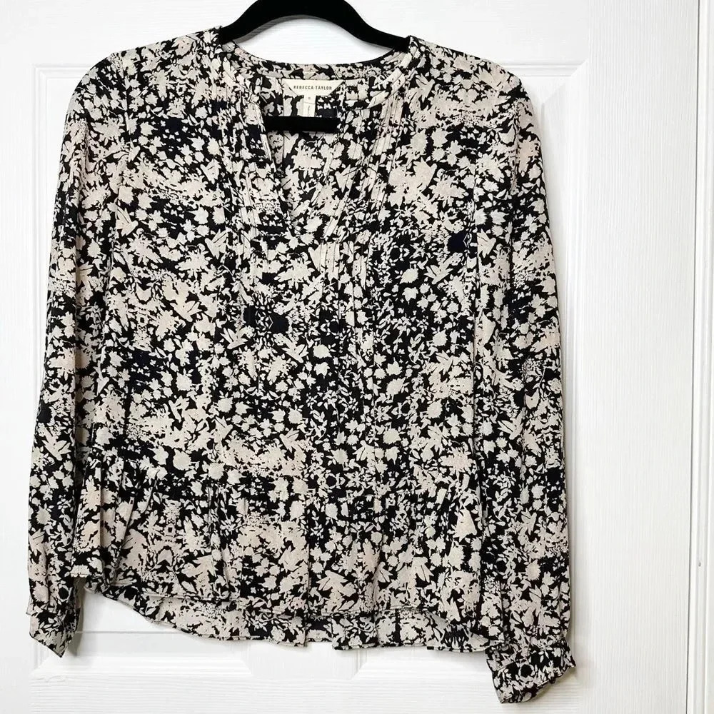 REBECCA TAYLOR 100% Silk Cream Black Floral Print Blouse Peplum Size‎ 0